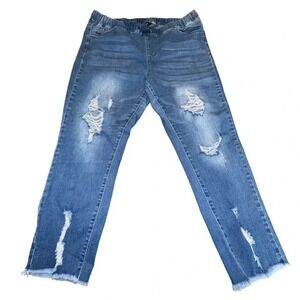 YMI Jeans 1X Blue Distressed Elastic Waist‎ Raw Hem Pull On Joggers